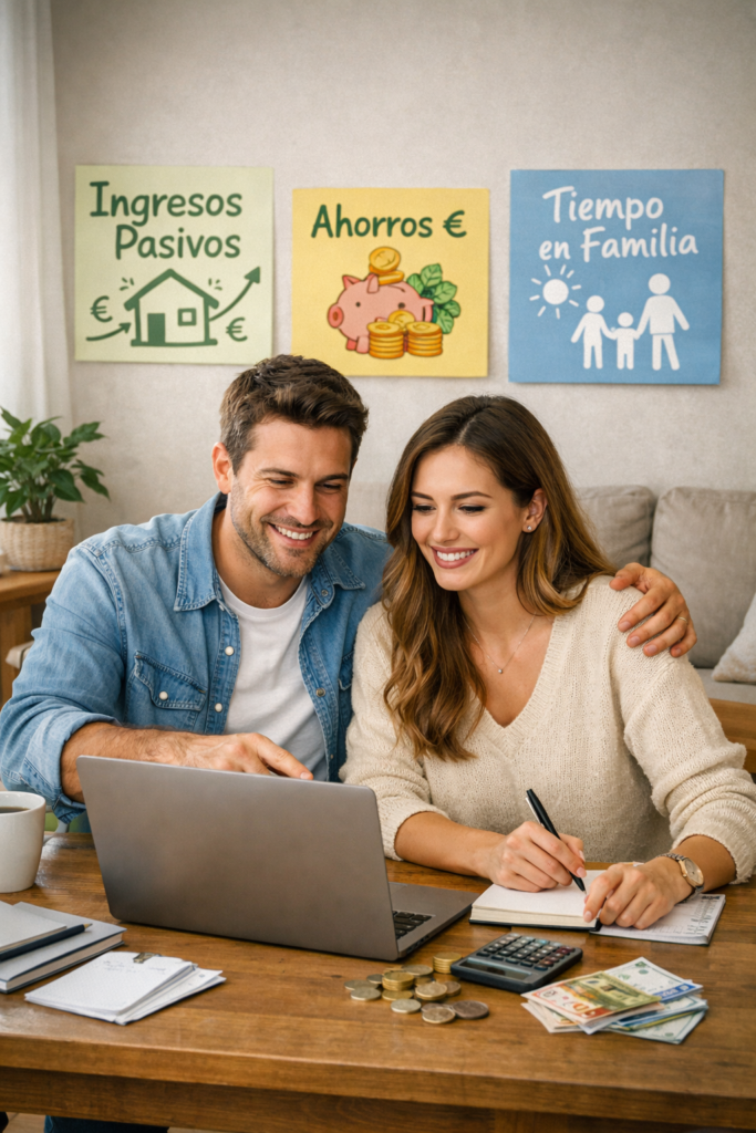 Pareja hispanohablante en España revisando ingresos pasivos y finanzas familiares juntos frente al portátil en un salón acogedor