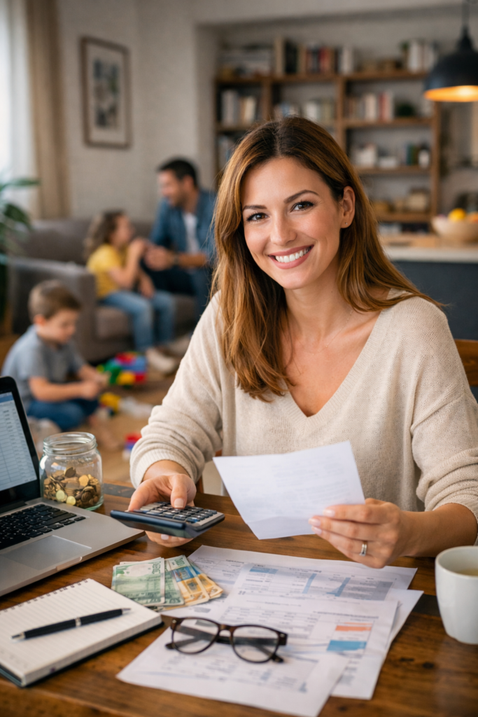Pareja hispanohablante en su salón organizando el presupuesto familiar con calma, hablando de dinero y objetivos en común