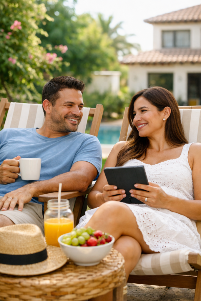Familia hispanohablante relajada en el salón hablando sobre proyectos de ingresos pasivos y futuro financiero con una atmósfera tranquila y realista