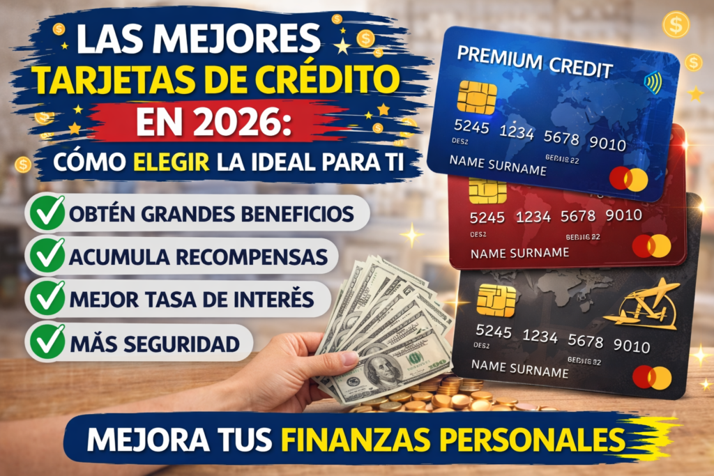 Tarjetas de crédito modernas con dinero en efectivo y monedas sobre una mesa, ilustrando las mejores tarjetas de crédito en 2026 y cómo elegir la ideal para mejorar las finanzas personales y obtener beneficios financieros.