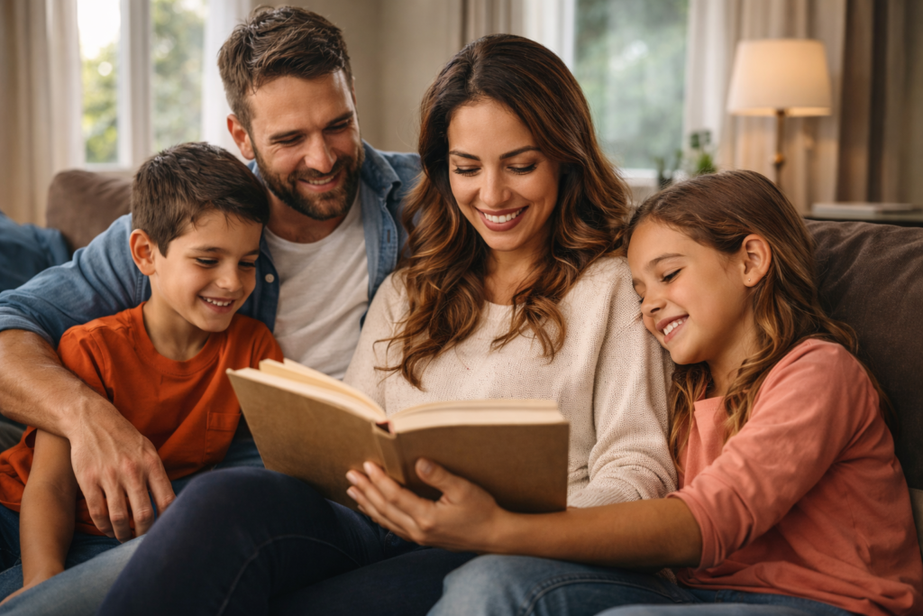 Familia feliz sentada en el sofá de su hogar, padres e hijos compartiendo un momento de unión, amor y armonía familiar en un ambiente luminoso y acogedor.
