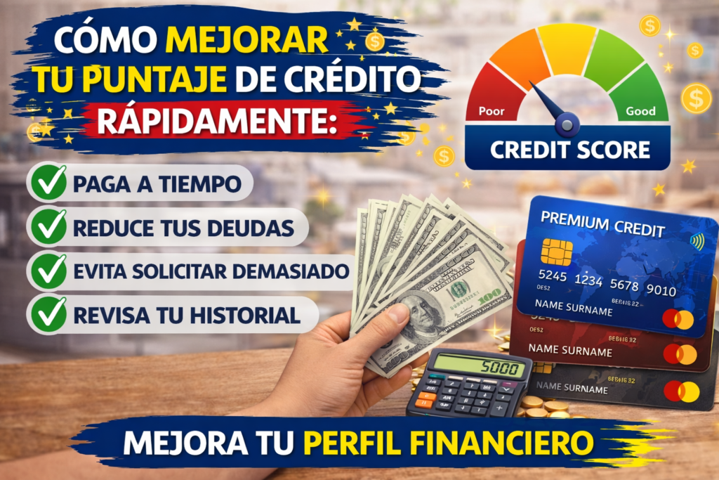 Ilustración sobre cómo mejorar el puntaje de crédito rápidamente, mostrando tarjetas de crédito, dinero en efectivo, calculadora y un medidor de credit score con estrategias como pagar a tiempo, reducir deudas y revisar el historial financiero.