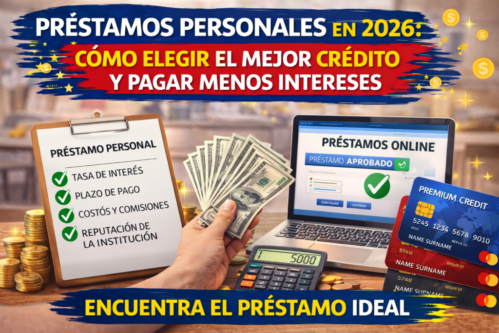Ilustración sobre préstamos personales en 2026 mostrando dinero en efectivo, una computadora con préstamo online aprobado, tarjetas de crédito y una lista de verificación con factores clave como tasa de interés, plazo de pago y costos del crédito