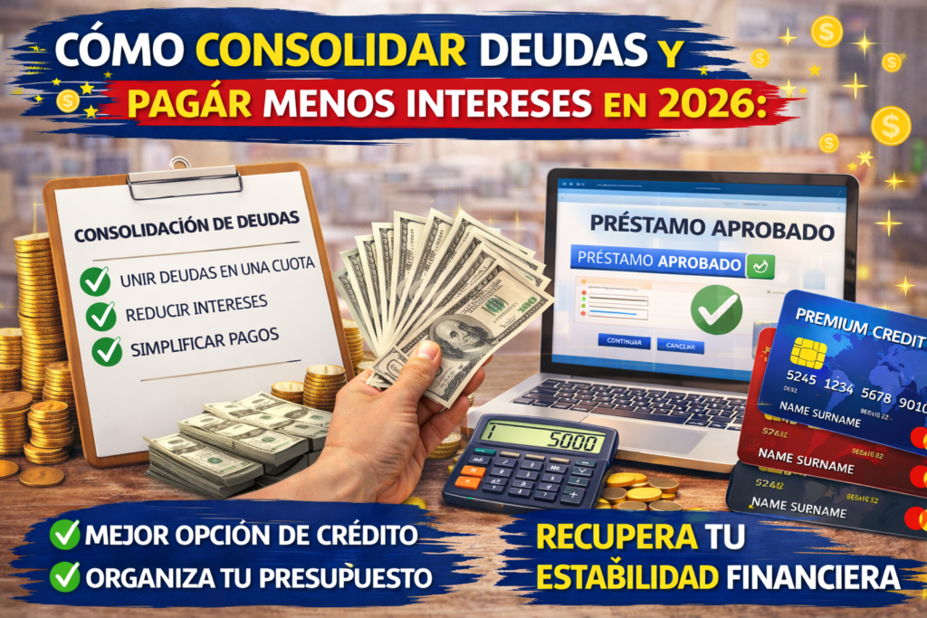 Ilustración sobre cómo consolidar deudas y pagar menos intereses en 2026, mostrando dinero en efectivo, calculadora, tarjetas de crédito y una computadora con préstamo aprobado para reorganizar finanzas y reducir pagos mensuales