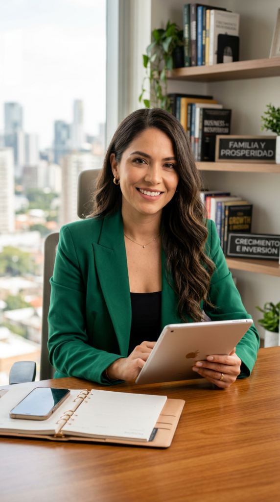 “Mujer joven muy atractiva, de aspecto profesional, sentada en un escritorio moderno con un portátil abierto, analizando gráficos financieros y documentos, en un ambiente luminoso y ordenado, transmitiendo éxito, confianza y prosperidad financiera.”