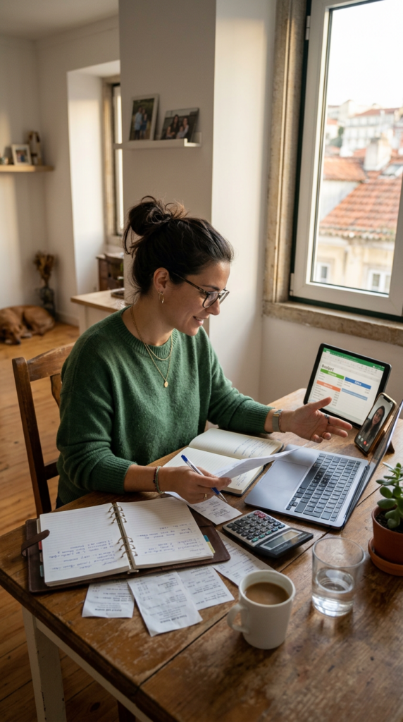 Mulher jovem muito bonita em uma sala de estar moderna e realista, sentada à mesa com documentos e notebook, em ambiente bem iluminado por luz natural, transmitindo organização, planejamento financeiro familiar e sensação de prosperidade em casa.