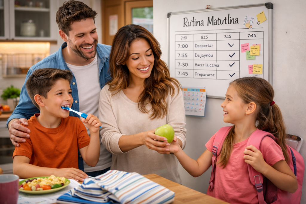 Familia con niños siguiendo una rutina familiar saludable por la mañana, compartiendo el desayuno y organizando las actividades del día para una vida feliz y equilibrada.