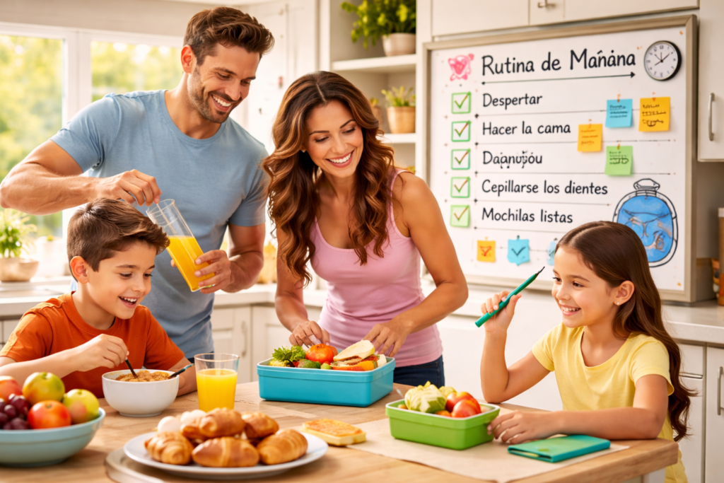 Familia feliz practicando una rutina familiar saludable por la mañana, compartiendo el desayuno y preparando las actividades del día para una vida organizada y equilibrada.