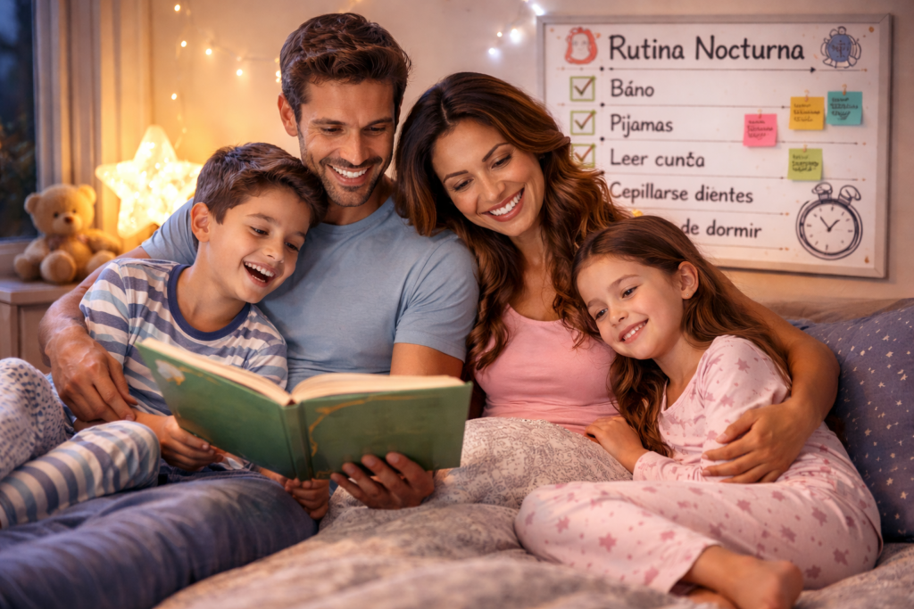 Familia feliz practicando una rutina nocturna saludable antes de dormir, leyendo un cuento juntos y creando un ambiente tranquilo para el descanso.