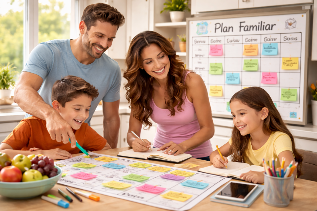 Familia hispana organizando el calendario semanal en la mesa de la cocina para planificar el tiempo en familia y crear una rutina equilibrada.