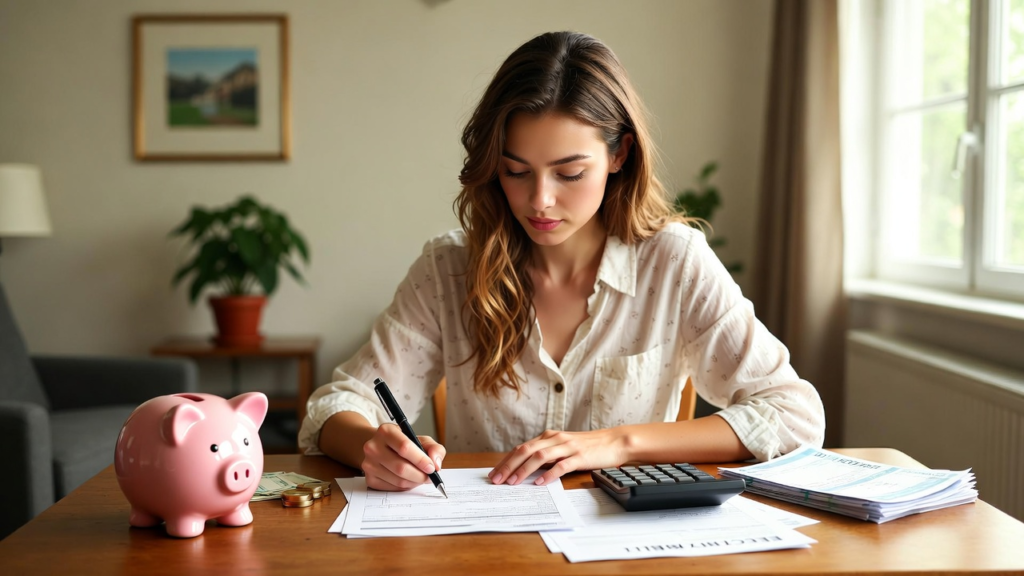 "Mujer atractiva elaborando presupuesto familiar en casa con calculadora, alcancía y hojas de gastos, representando ahorro inteligente y finanzas personales."