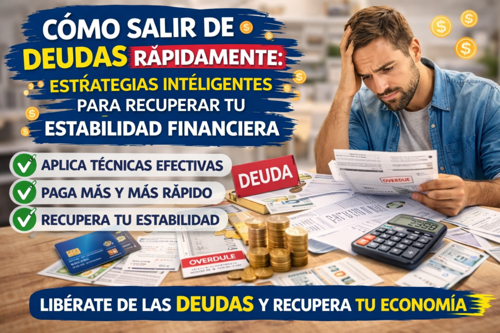 Hombre preocupado revisando facturas y cuentas atrasadas en una mesa llena de documentos financieros, calculadora y tarjetas de crédito, ilustrando estrategias para salir de deudas rápidamente y recuperar la estabilidad financiera.