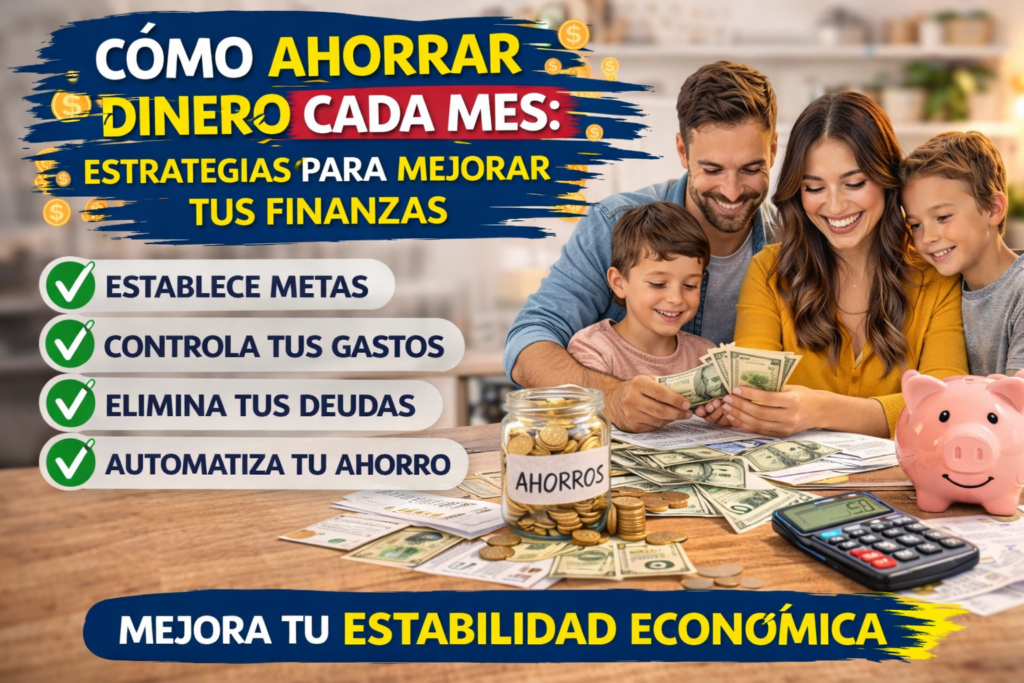 Familia feliz contando dinero en la mesa junto a una alcancía, frasco de ahorros y calculadora, ilustrando estrategias para ahorrar dinero cada mes y mejorar la estabilidad financiera del hogar.