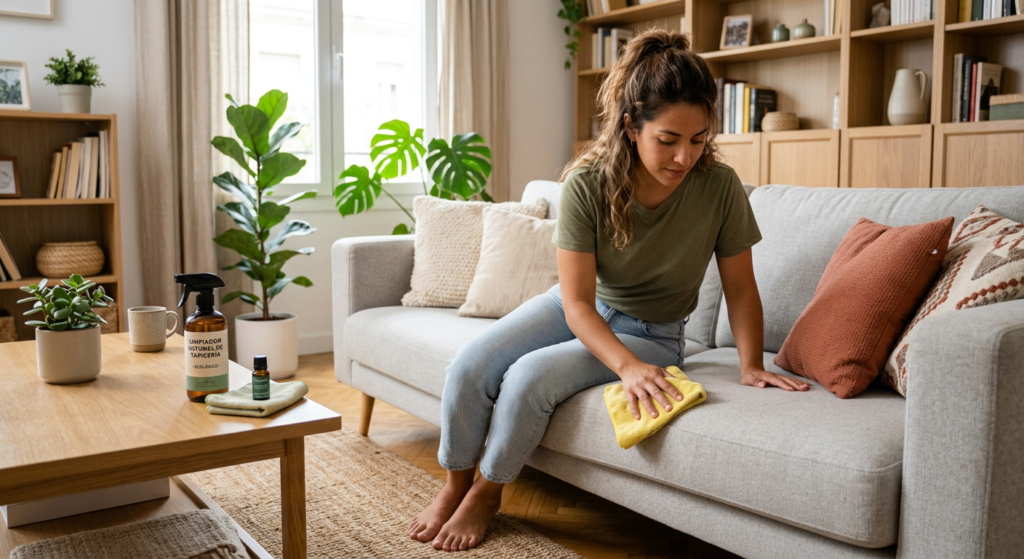 Mujer joven muy hermosa, de aspecto realista, inclinada sobre un sofá en una sala moderna y luminosa, utilizando una aspiradora de mano para limpiar la tapicería, mientras se observa polvo levantándose, transmitiendo la idea de test de 2 minutos para detectar suciedad y ácaros y mejorar la calidad del aire en el hogar familiar.