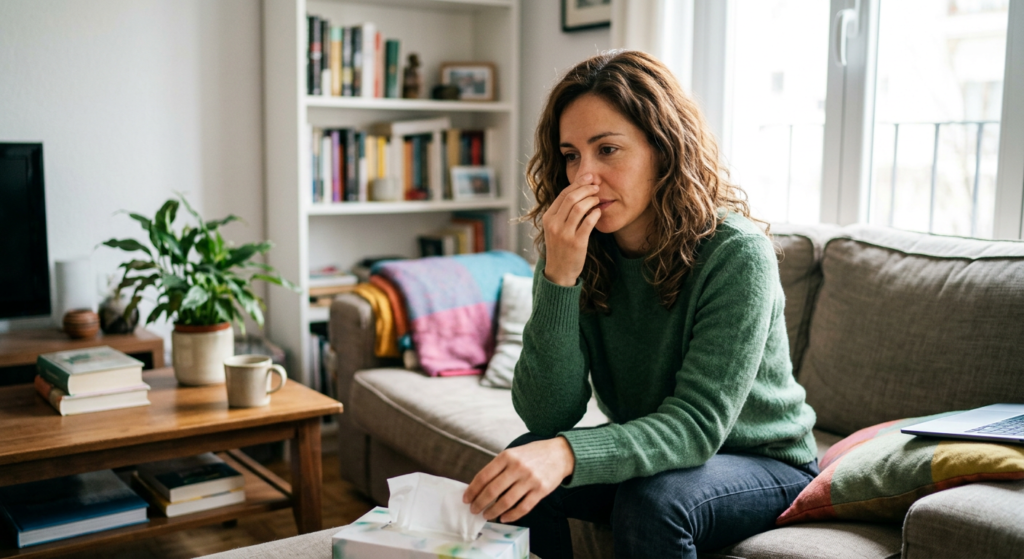 Mujer joven muy hermosa, de aspecto completamente humano y realista, sentada en un sofá moderno en una sala luminosa y acogedora, observando e inspeccionando la tapicería con atención mientras limpia la superficie, transmitiendo la idea de cuidado del hogar, prevención de alergias y mejora de la calidad del aire para la salud de la familia.


