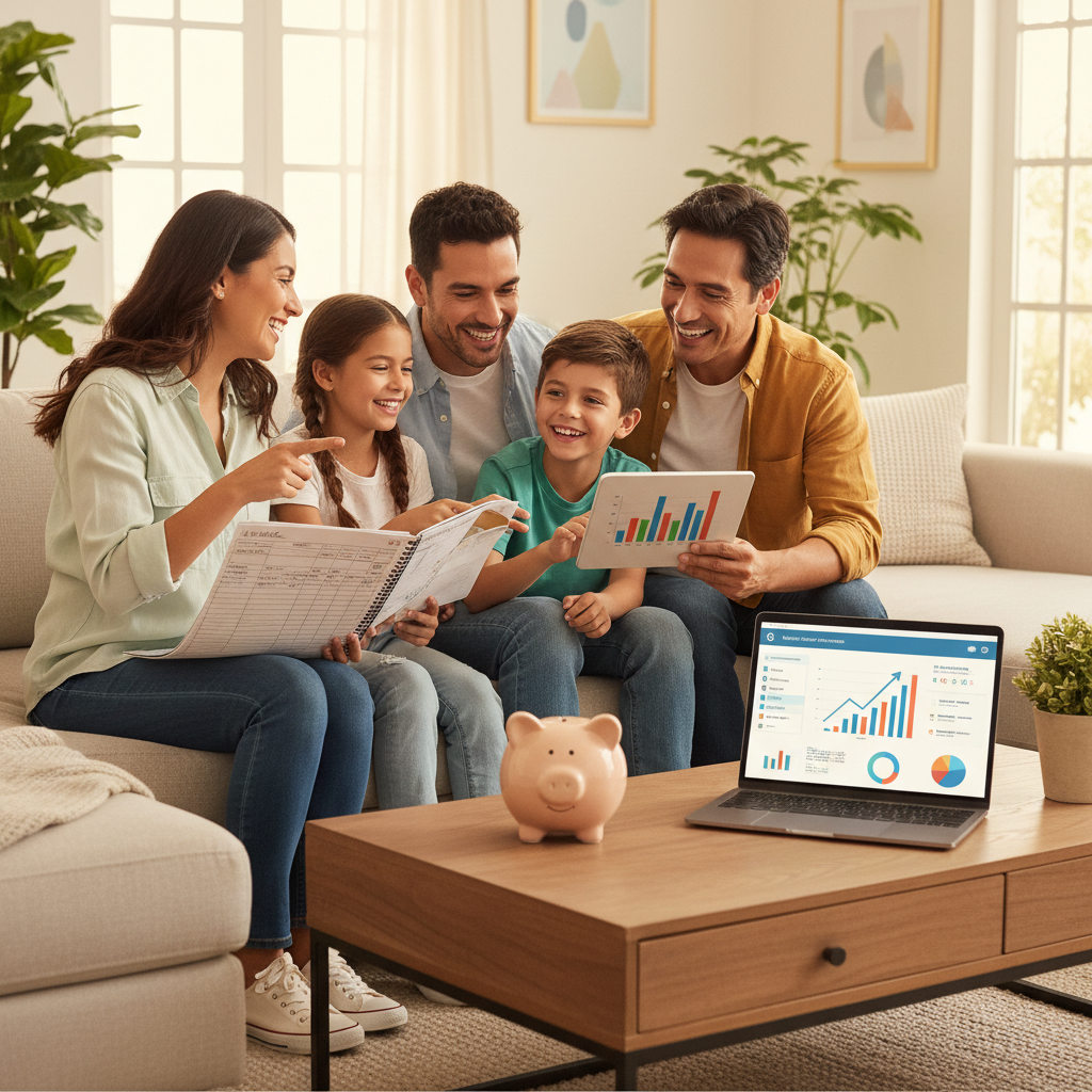 Una familia hispana en 2026, incluyendo padres e hijos, sentados en una sala moderna y luminosa. Están enfocados y felices, consultando una tableta digital y un planificador físico mientras discuten su futuro financiero. Sobre la mesa hay una pequeña alcancía y una computadora portátil que muestra un panel de control profesional. La iluminación es cálida y natural, simbolizando esperanza, unión y crecimiento financiero.