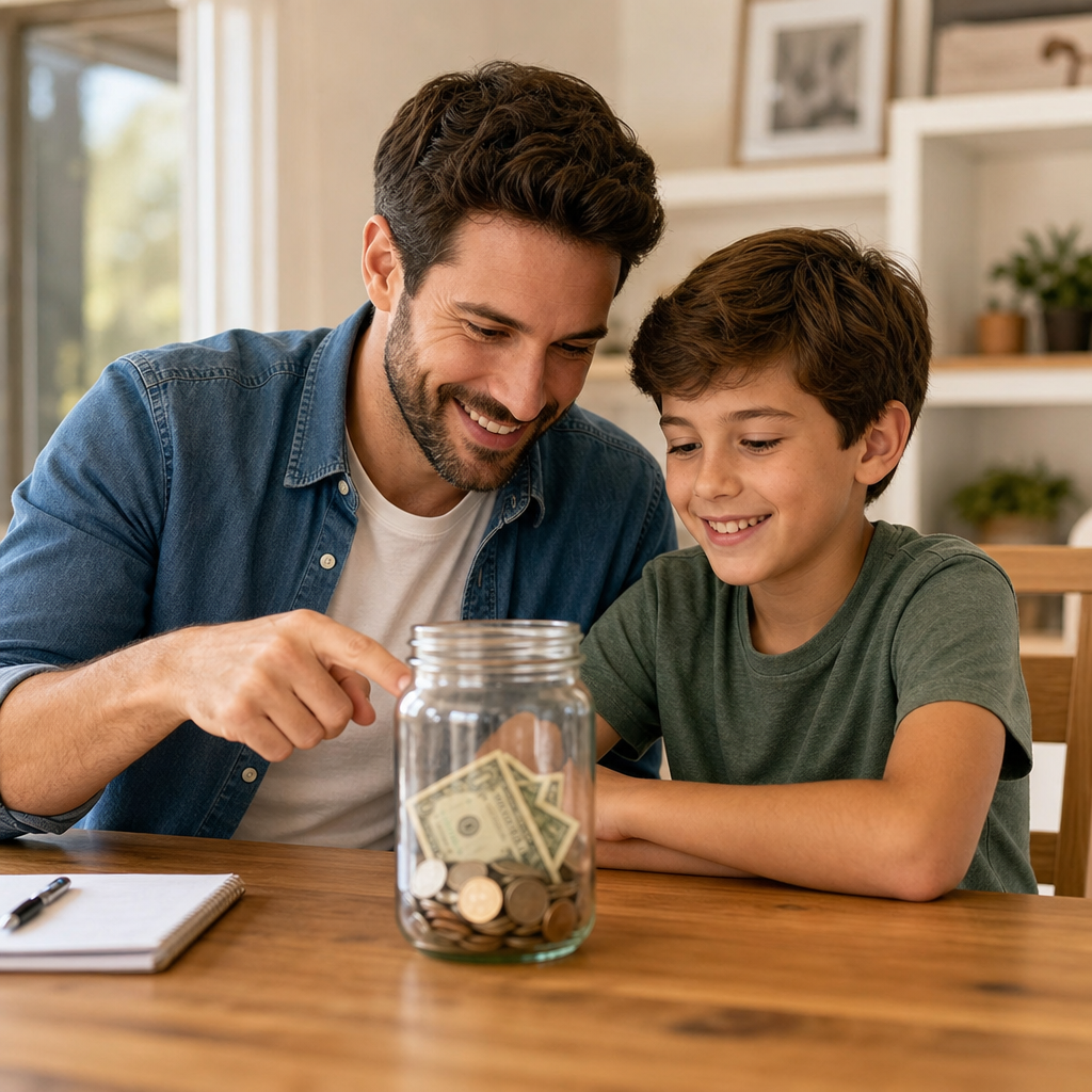 Una madre y su hijo adolescente sentados a la mesa revisando juntos una aplicación de finanzas en una tableta, con una alcancía y monedas de fondo, representando la educación financiera en el hogar.