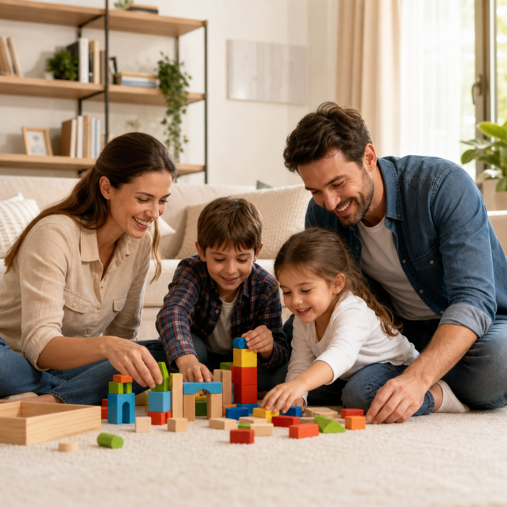 Una madre y un padre sentados en el suelo jugando con sus dos hijos pequeños con bloques de madera, todos sonriendo y disfrutando de un momento de conexión familiar en una sala iluminada.